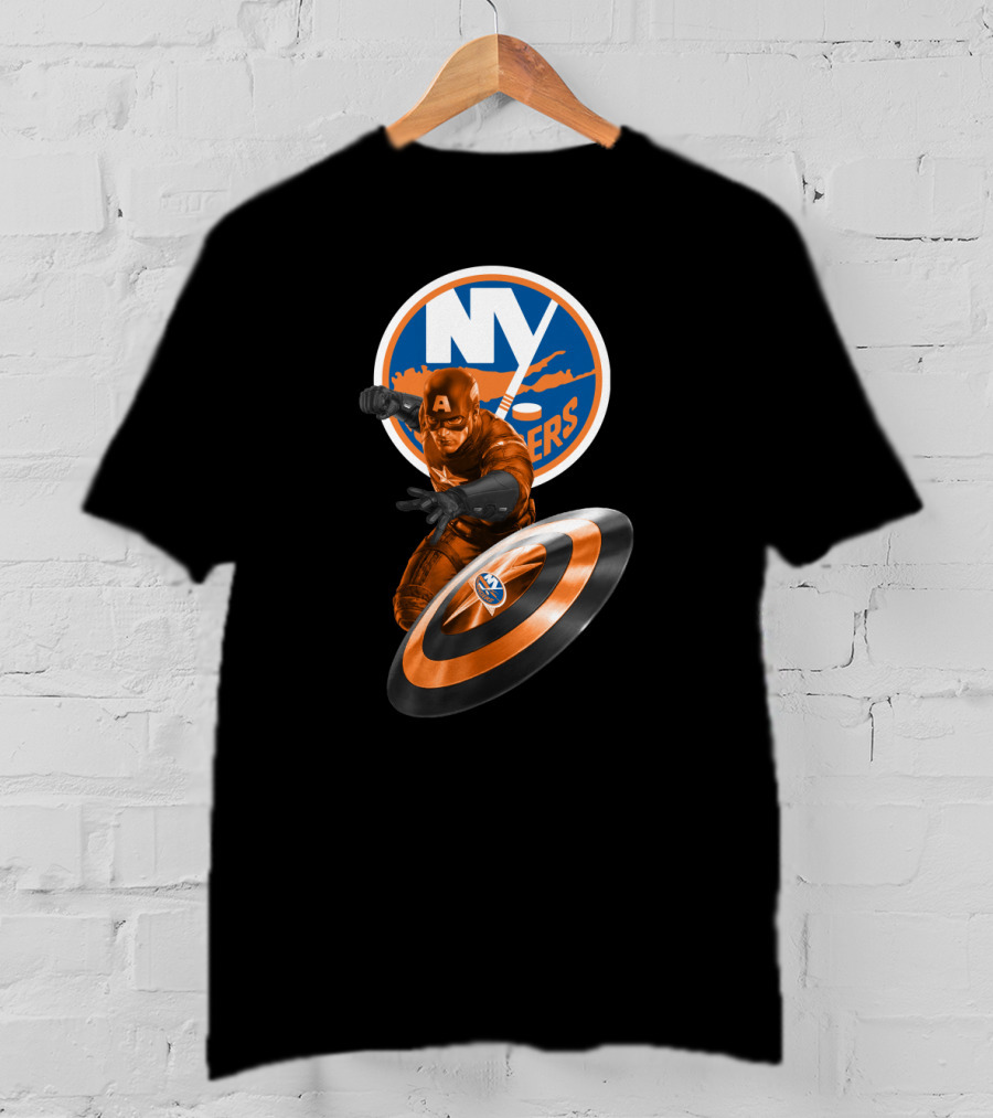 New York Islanders Captain America Collaboration Shield And Logo Graphics T-Shirt