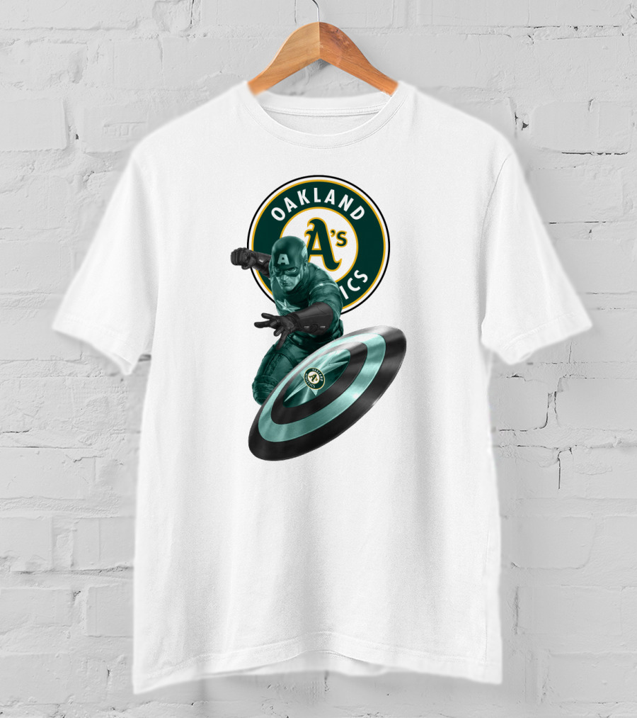 Oakland Athletics A's Logo With Captain America's Shield And Heroic Pose T-Shirt