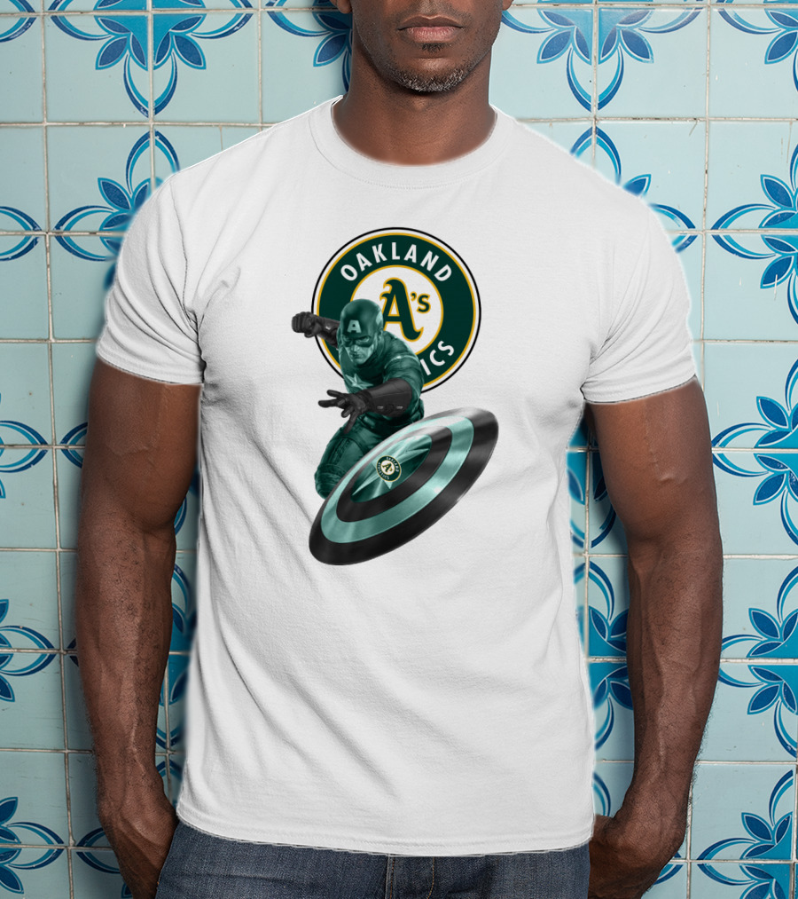 Oakland Athletics A's Logo With Captain America's Shield And Heroic Pose T-Shirt