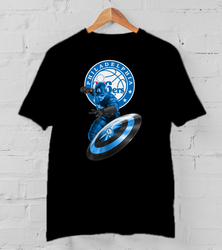 Philadelphia 76ers Basketball Marvel Crossover With Captain America Shield T-Shirt