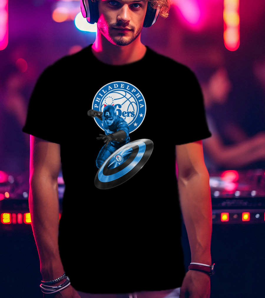 Philadelphia 76ers Basketball Marvel Crossover With Captain America Shield T-Shirt