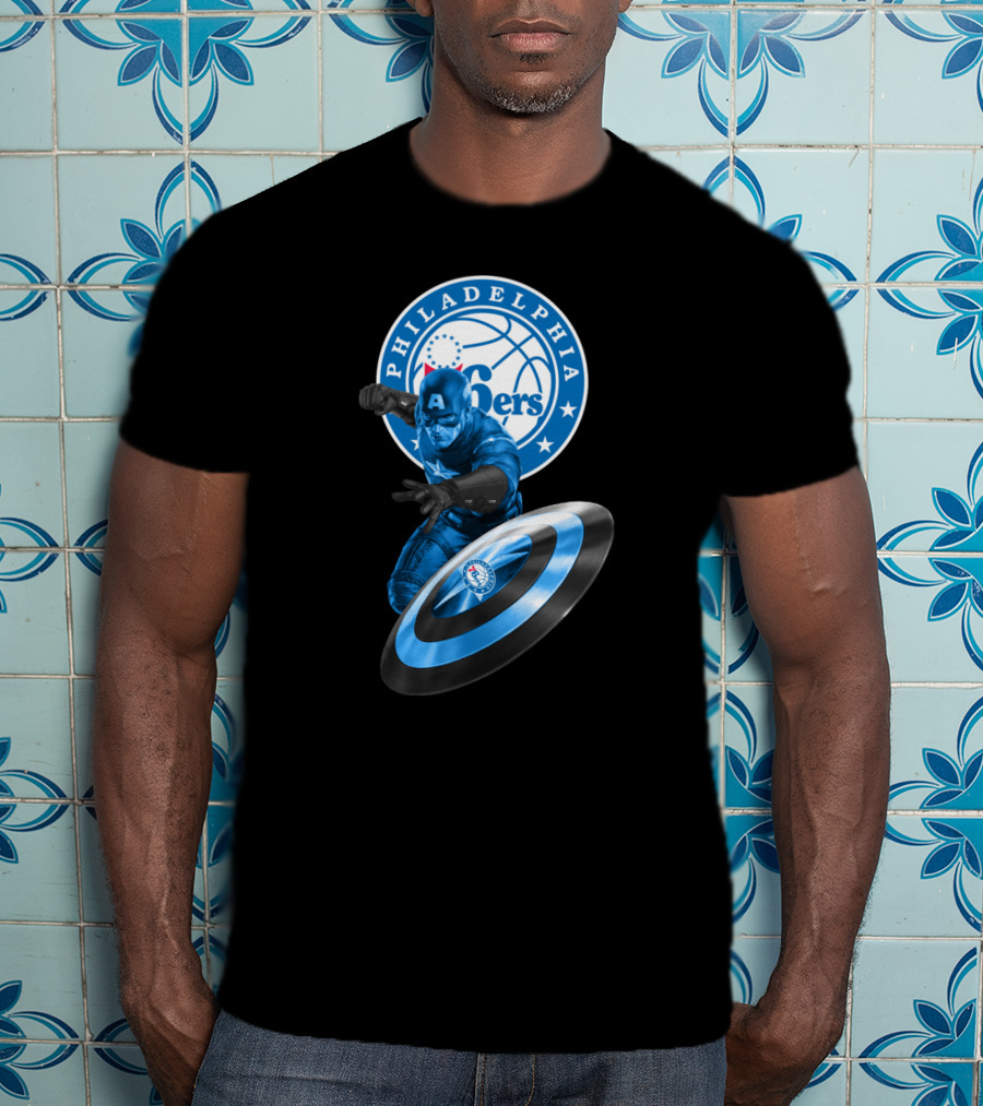 Philadelphia 76ers Basketball Marvel Crossover With Captain America Shield T-Shirt