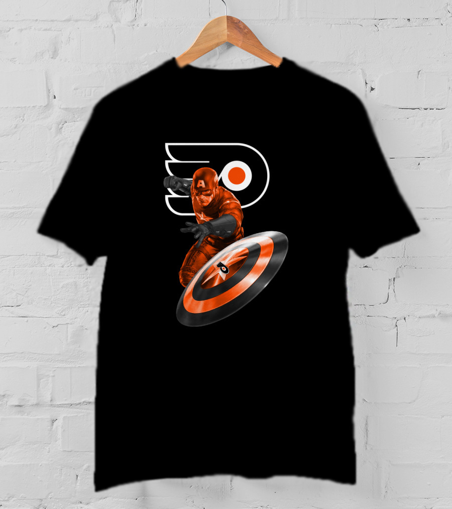 Captain America Philadelphia Flyers Crossover Shield And Logo Iconic Fusion T-Shirt