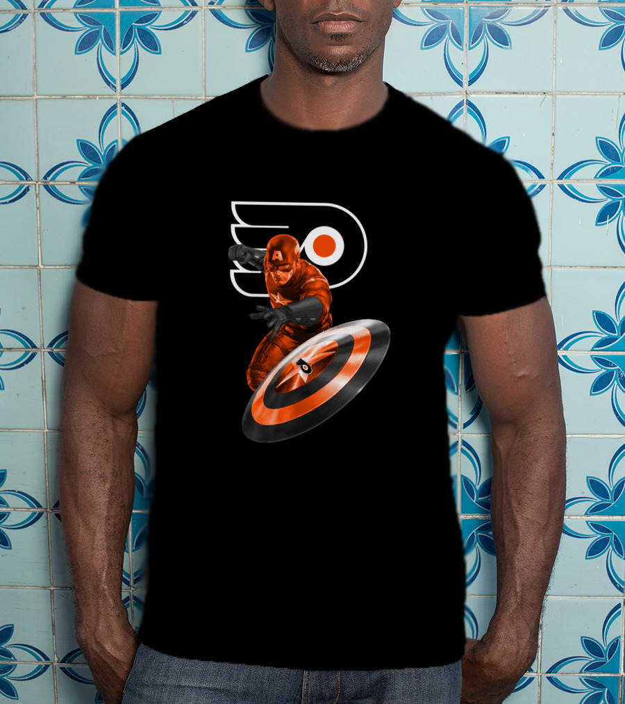 Captain America Philadelphia Flyers Crossover Shield And Logo Iconic Fusion T-Shirt