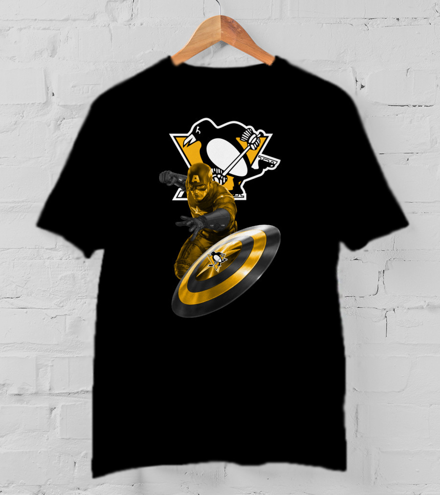 Pittsburgh Penguins Hockey Marvel Captain America Crossover Shield T-Shirt