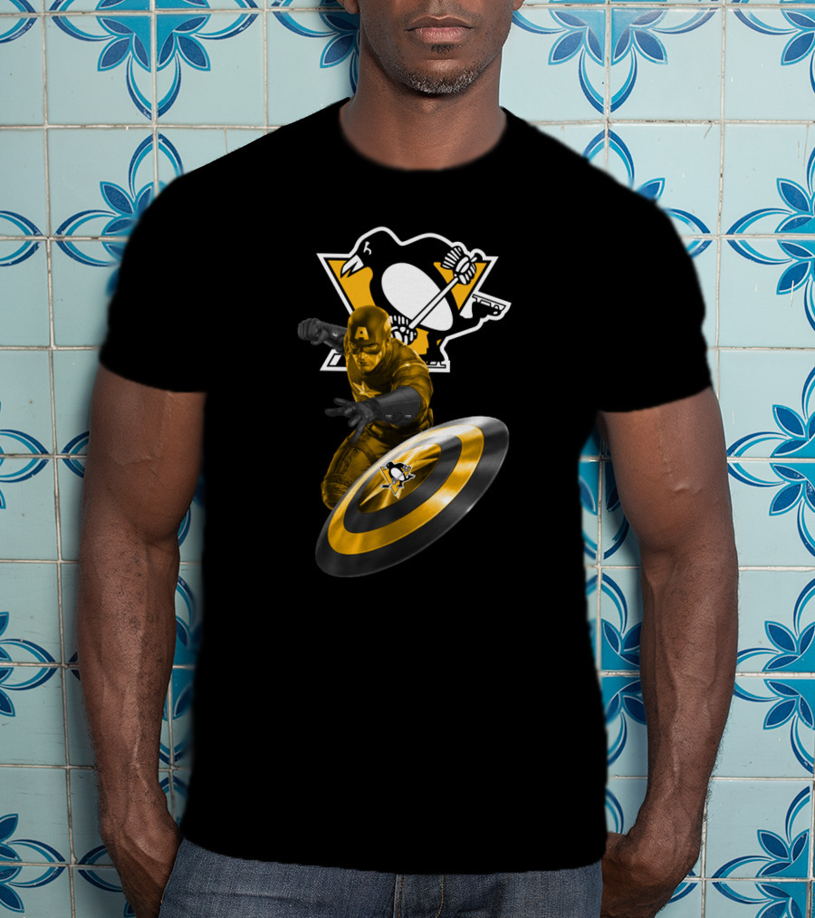 Pittsburgh Penguins Hockey Marvel Captain America Crossover Shield T-Shirt