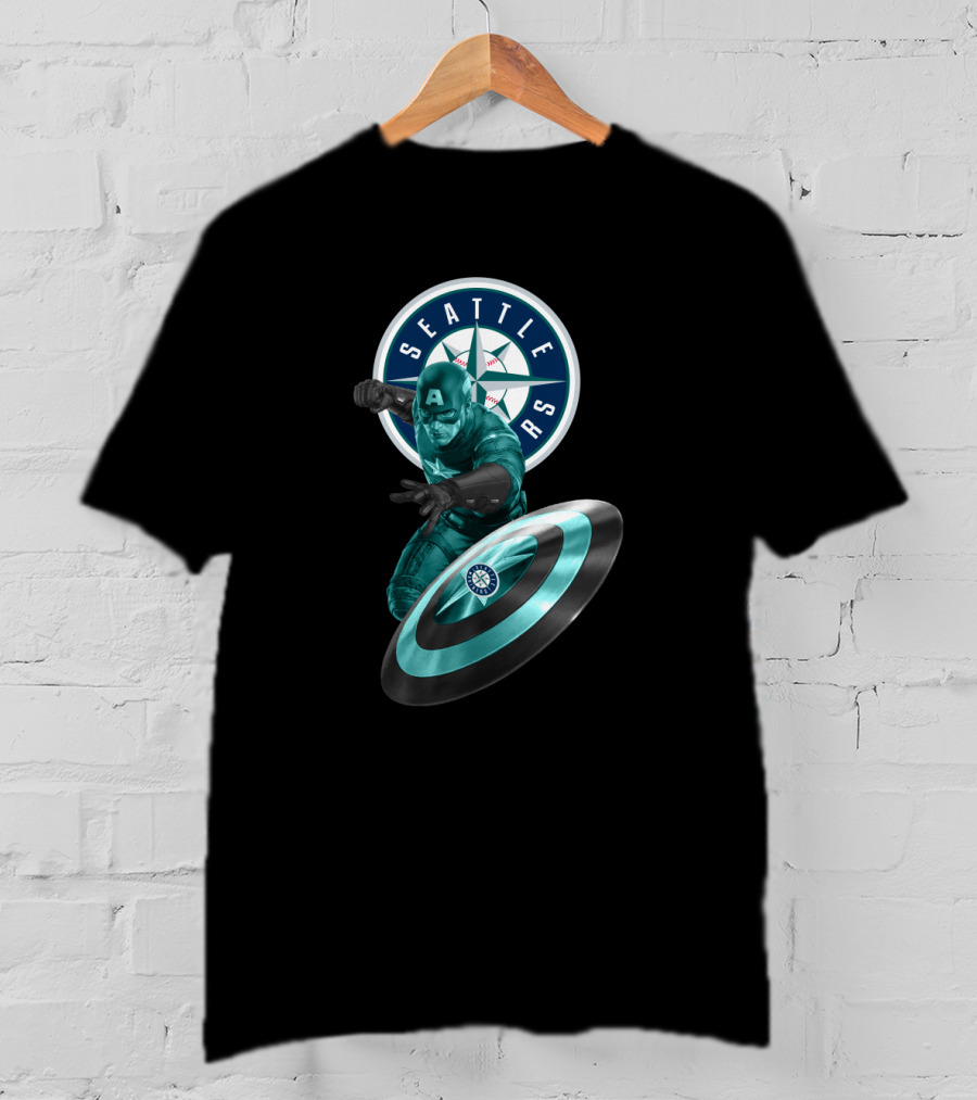 Seattle Mariners Captain America Logo Shield Crossover Baseball Superhero Collaboration T-Shirt