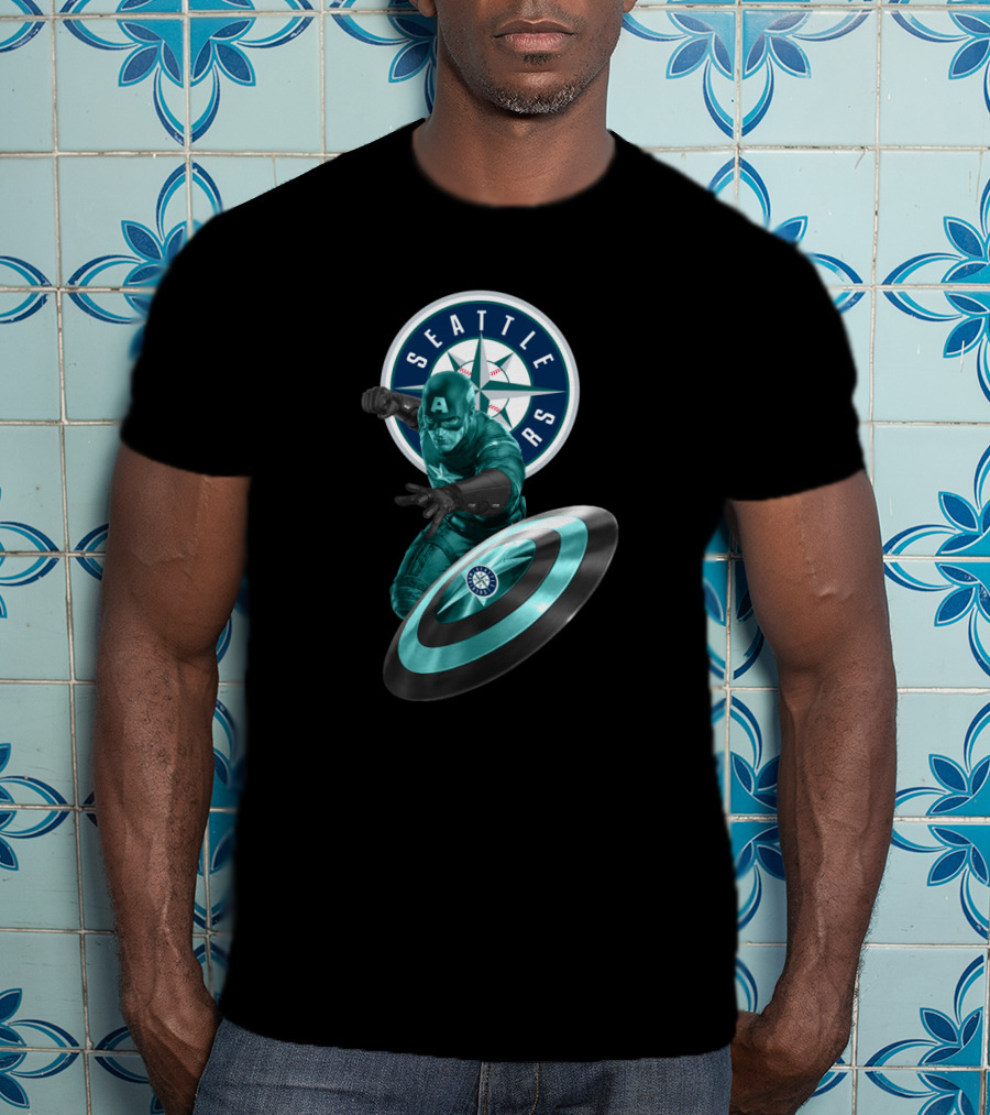 Seattle Mariners Captain America Logo Shield Crossover Baseball Superhero Collaboration T-Shirt