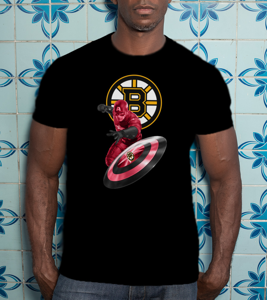 Captain America With Boston Bruins Shield Emblem Fans T-Shirt