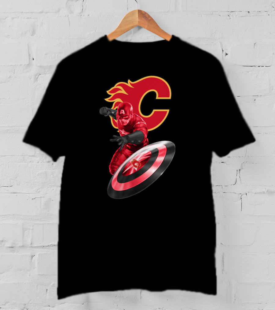 Calgary Flames And Captain America Shield Fusion Marvel Fans T-Shirt