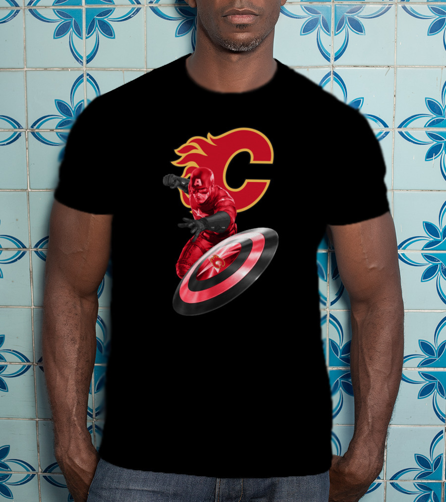 Calgary Flames And Captain America Shield Fusion Marvel Fans T-Shirt