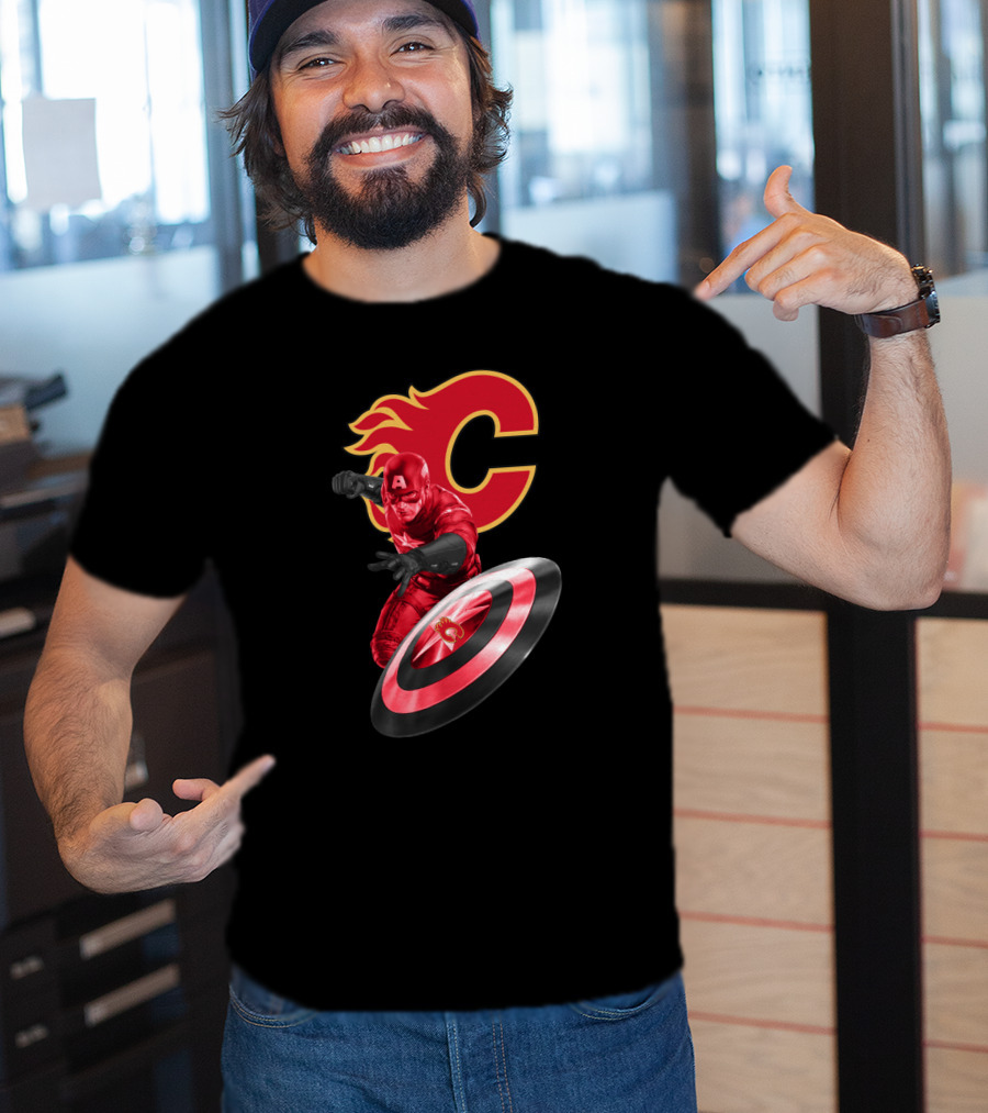 Calgary Flames And Captain America Shield Fusion Marvel Fans T-Shirt