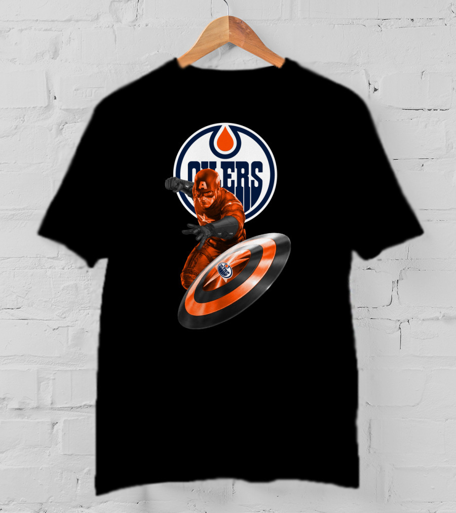 Edmonton Oilers Captain America Crossover With Shield Logo And Dynamic Pose T-Shirt