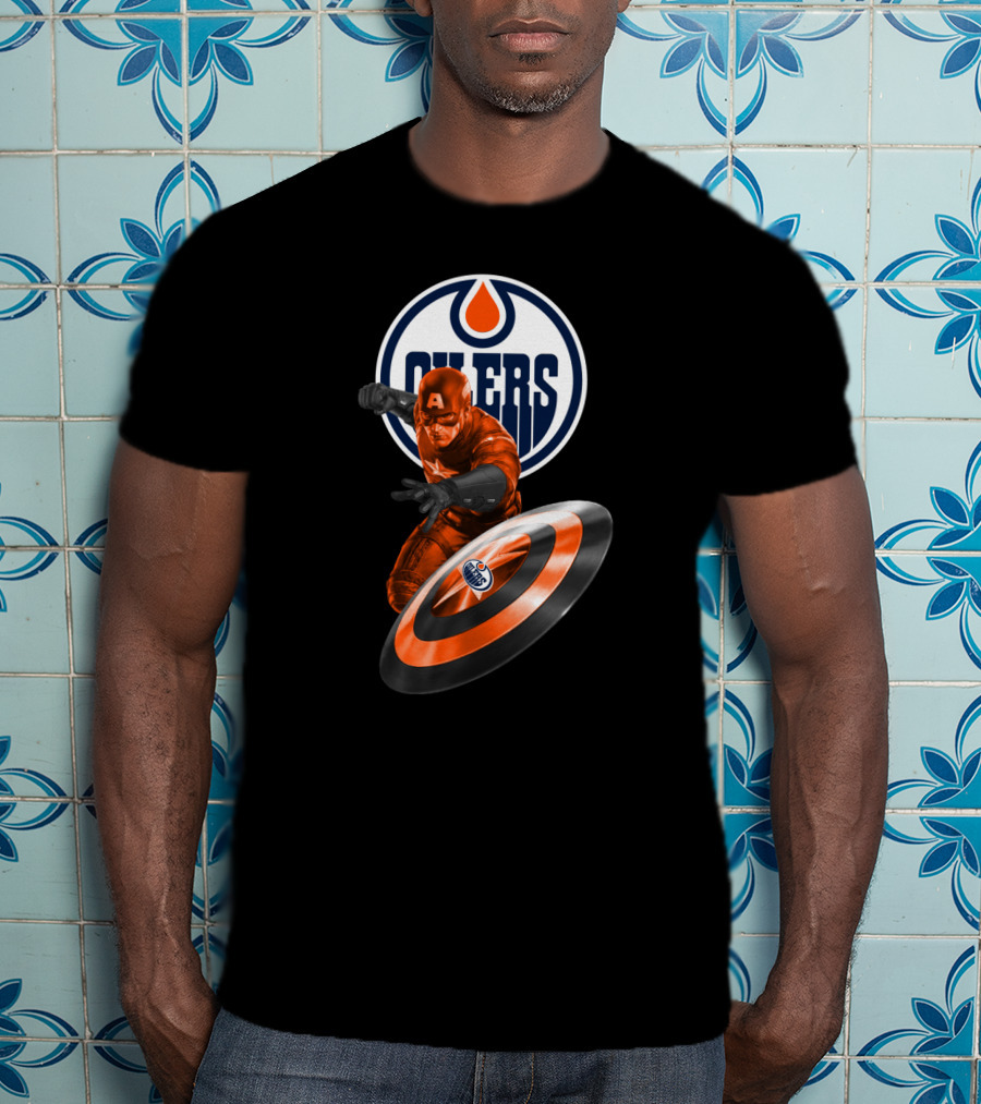 Edmonton Oilers Captain America Crossover With Shield Logo And Dynamic Pose T-Shirt