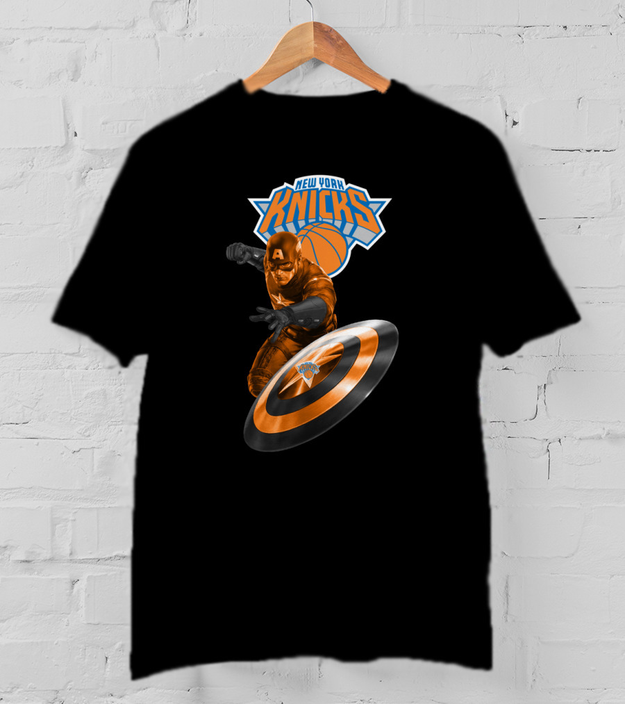 New York Knicks Captain America Crossover Imagery With Shield And Basketball T-Shirt