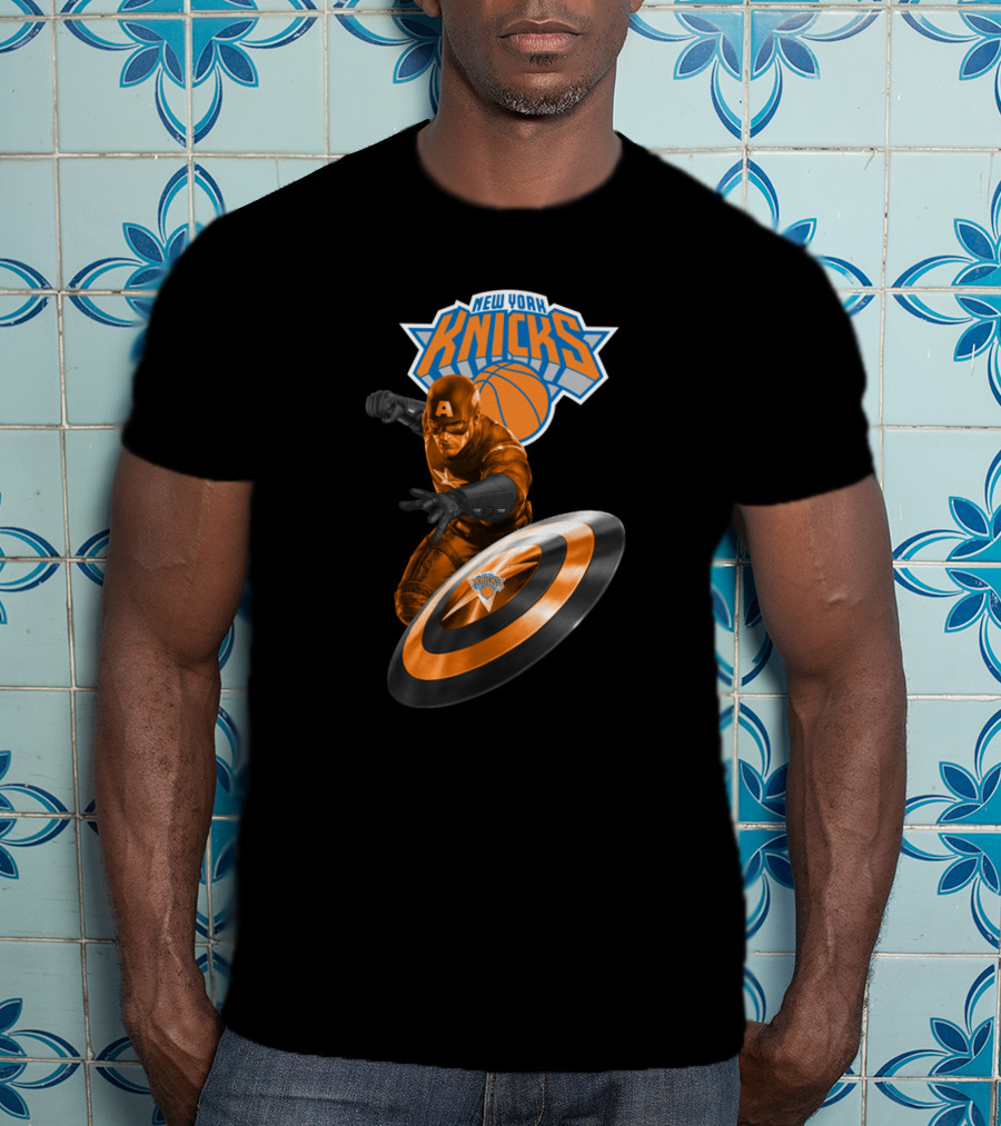 New York Knicks Captain America Crossover Imagery With Shield And Basketball T-Shirt