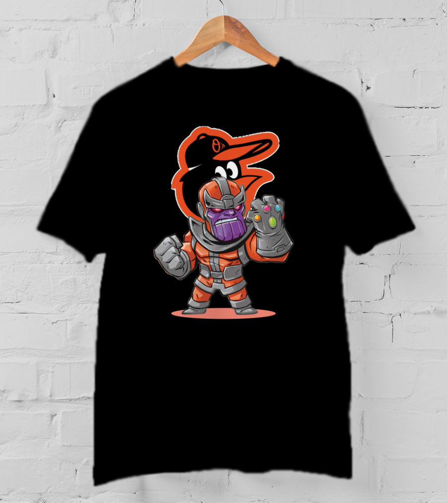 Thanos Cartoon Character In Baltimore Orioles Colors With Infinity Gauntlet T-Shirt