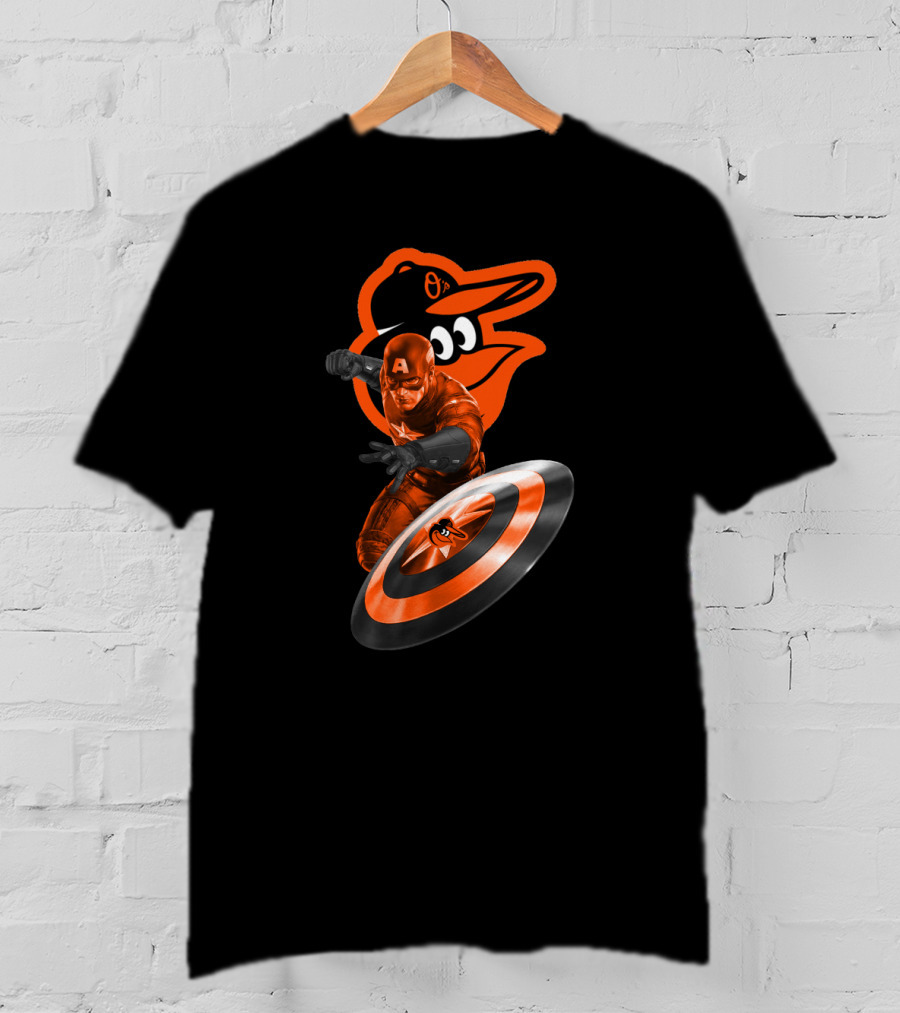 Baltimore Orioles Captain America Crossover Shield Logo Collaboration T-Shirt