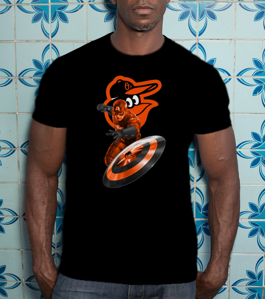 Baltimore Orioles Captain America Crossover Shield Logo Collaboration T-Shirt