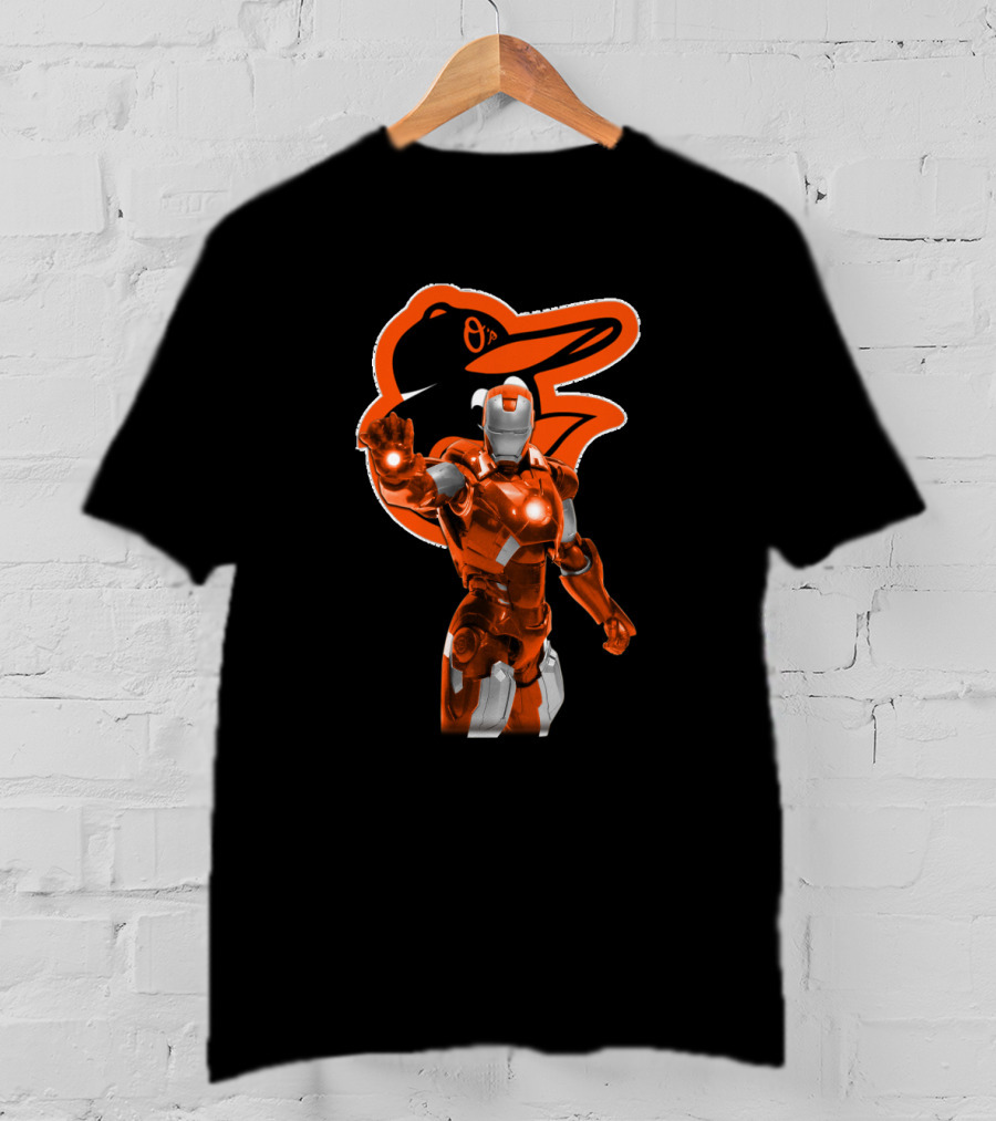 Iron Man Baltimore Orioles Crossover Featuring Iconic Orange Armor And Team Mascot T-Shirt