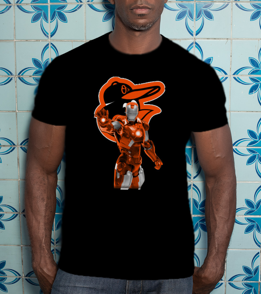 Iron Man Baltimore Orioles Crossover Featuring Iconic Orange Armor And Team Mascot T-Shirt