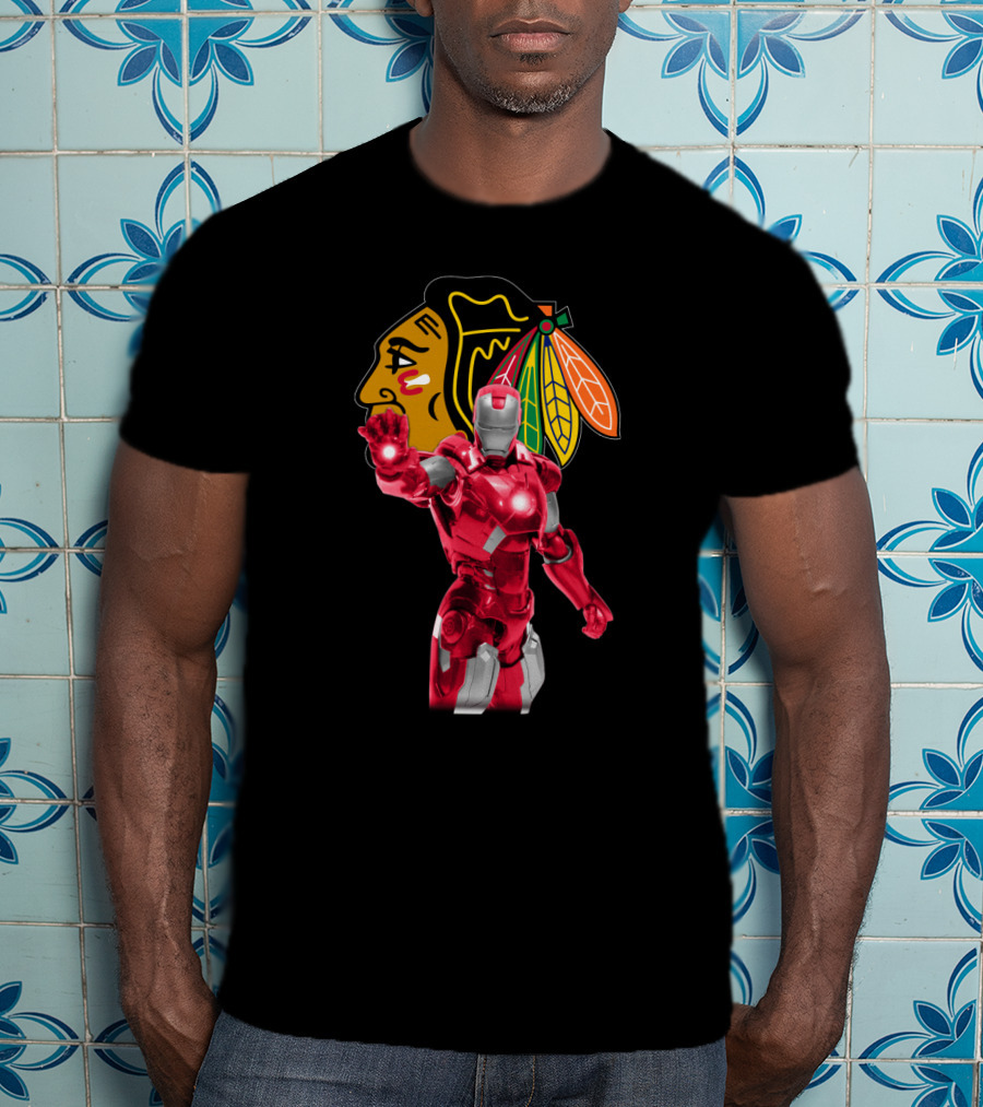 Iron Man Meets Chicago Blackhawks Logo Collaboration T-Shirt