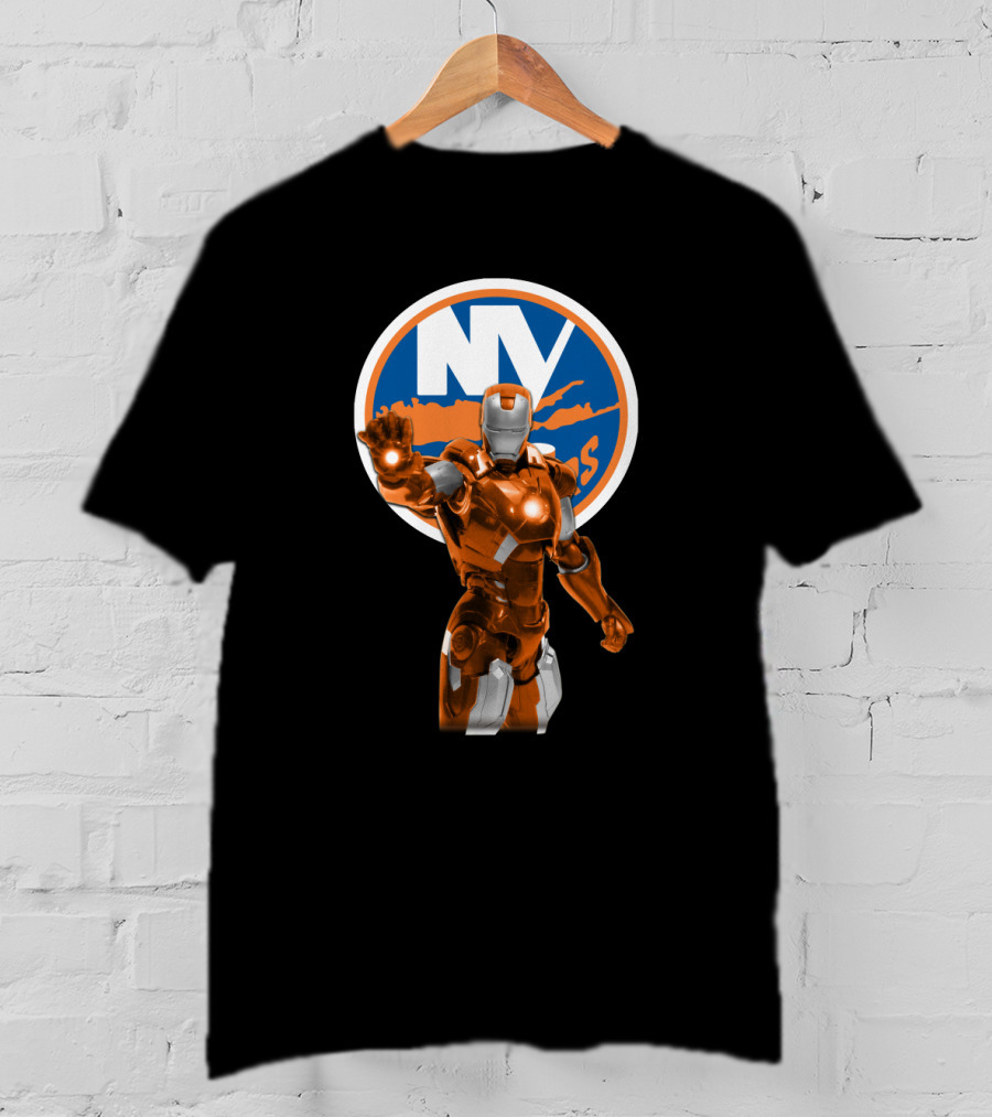 Iron Man New York Islanders Crossover Graphic Featuring NY Logo Background T-Shirt