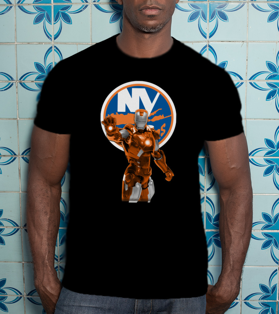 Iron Man New York Islanders Crossover Graphic Featuring NY Logo Background T-Shirt