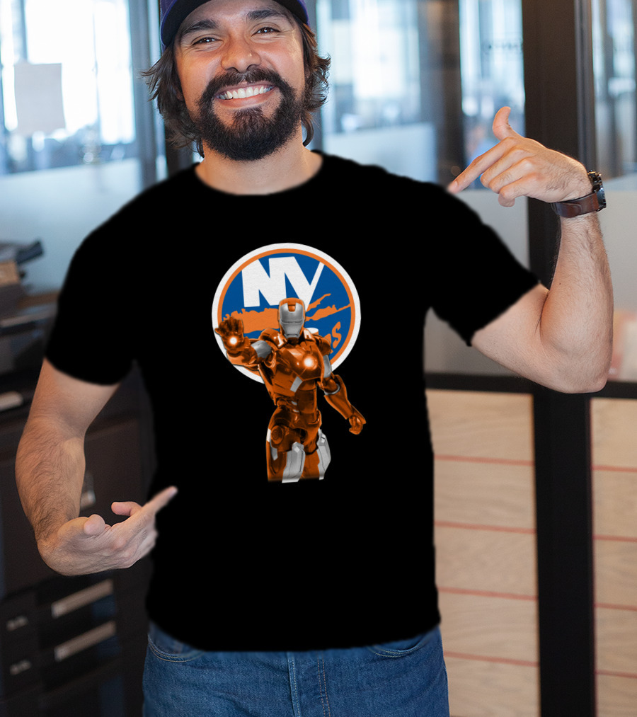 Iron Man New York Islanders Crossover Graphic Featuring NY Logo Background T-Shirt