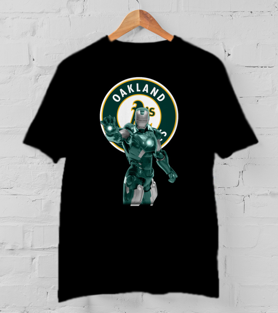 Oakland Athletics X Iron Man Crossover Marvel Avengers Baseball Team Collaboration T-Shirt