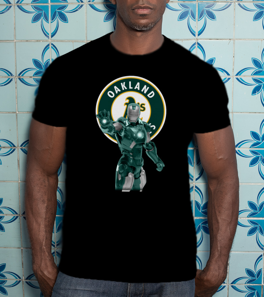 Oakland Athletics X Iron Man Crossover Marvel Avengers Baseball Team Collaboration T-Shirt