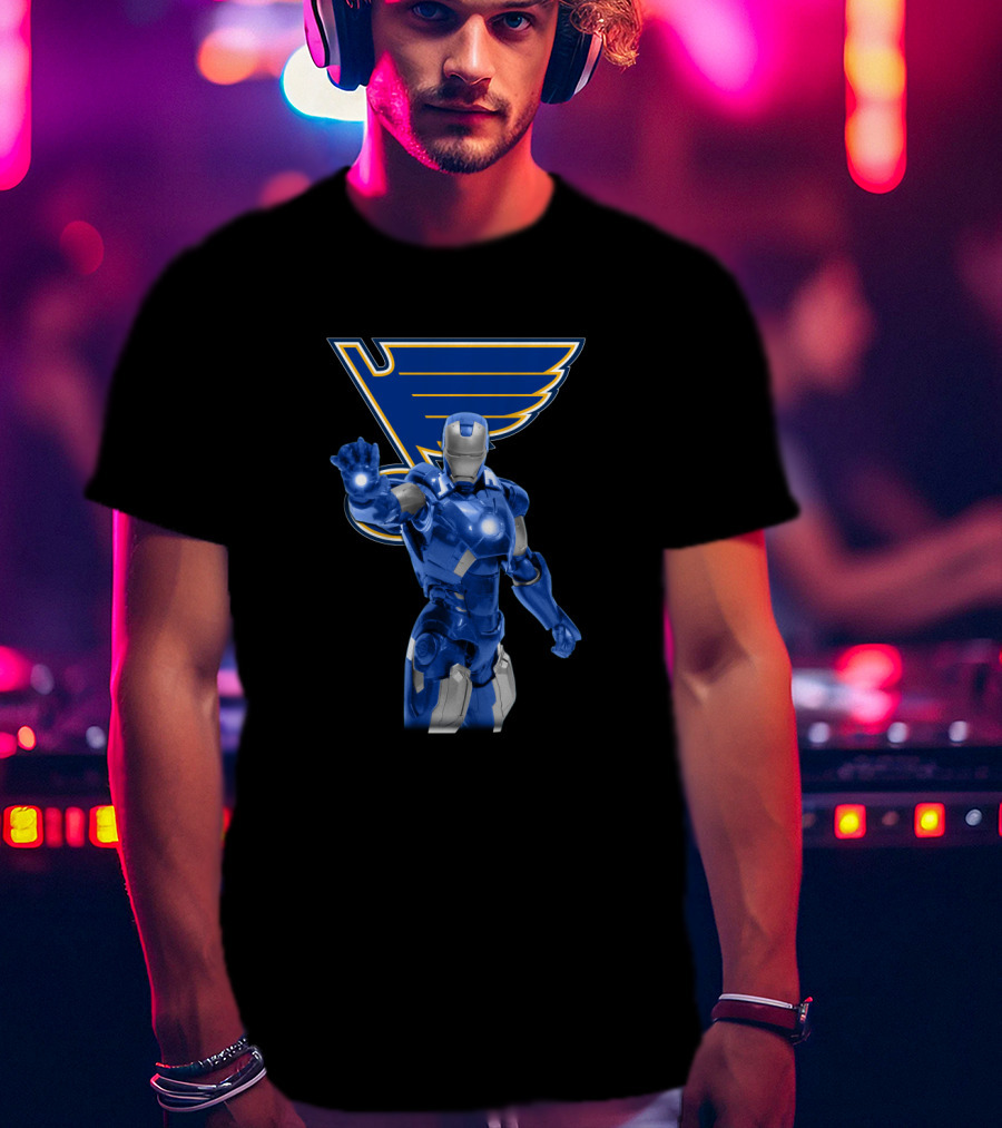 Iron Man St. Louis Blues Crossover With Marvel Superhero Imagery And Hockey Team T-Shirt