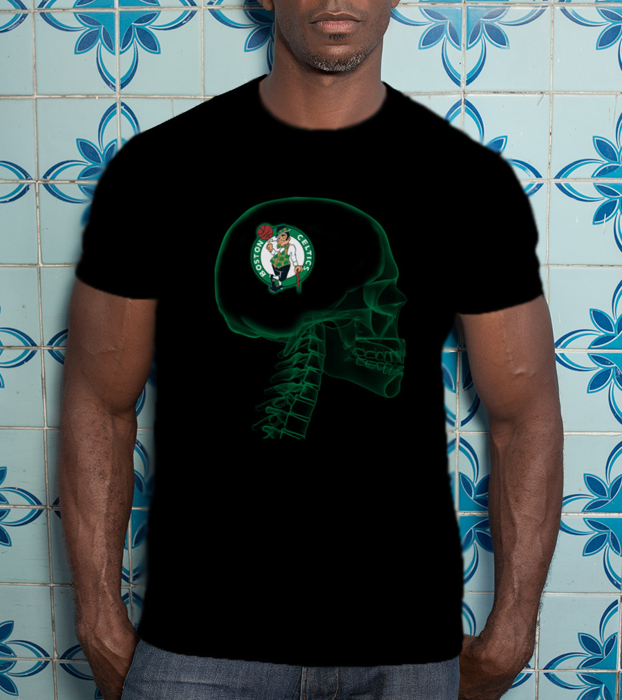 Boston Celtics Logo In Skeleton Brain Halloween Concept T-Shirt