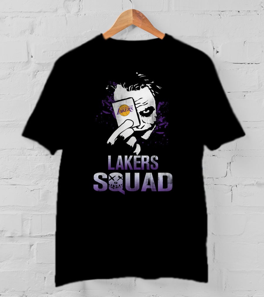 Joker Holding Lakers Card Above Lakers Squad T-Shirt