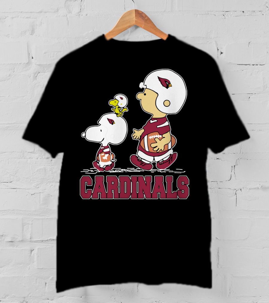 Snoopy And Woodstock With Cardinals Football Helmets And Team Spirit T-Shirt