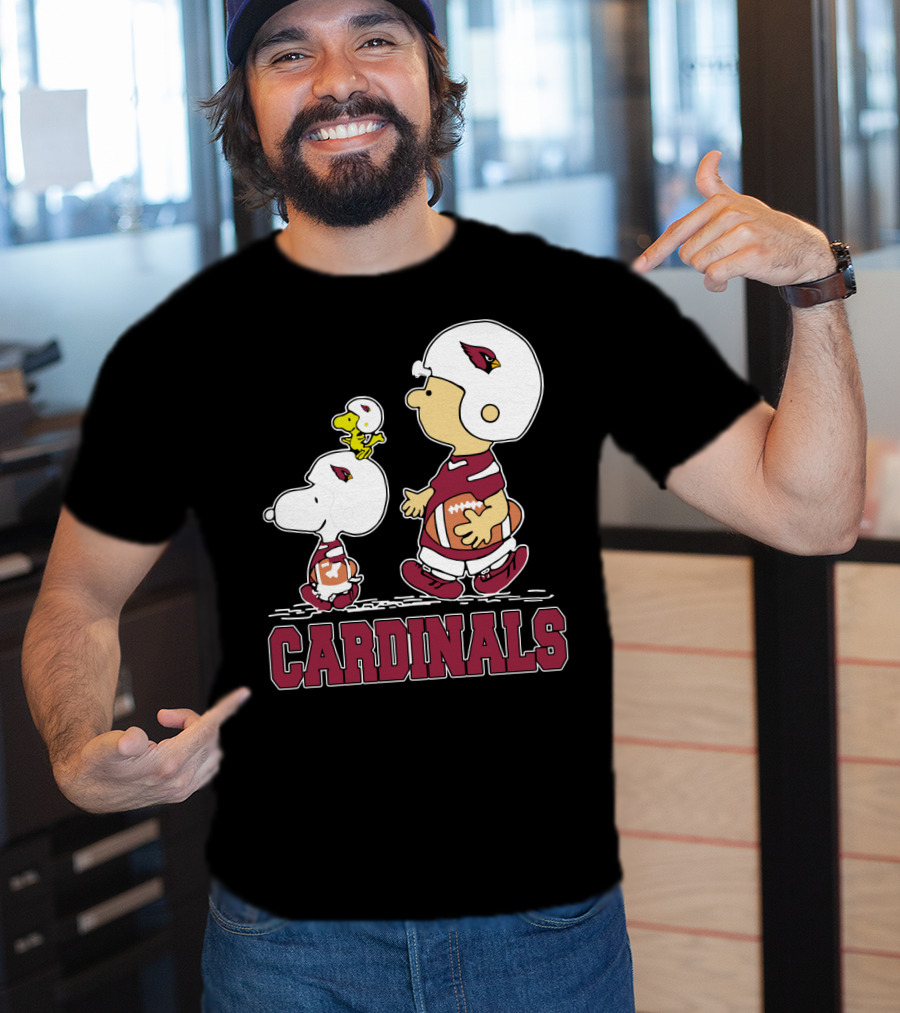 Snoopy And Woodstock With Cardinals Football Helmets And Team Spirit T-Shirt
