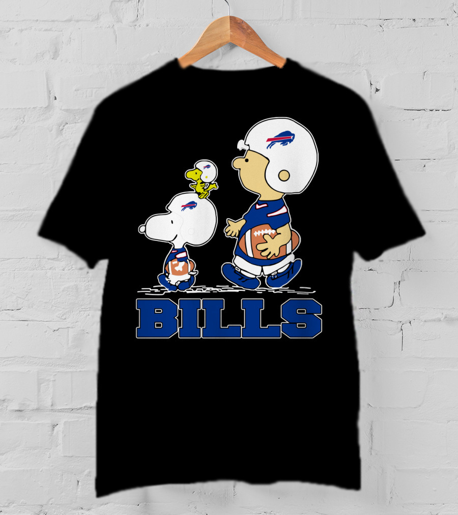 Snoopy And Woodstock In Buffalo Bills Helmets With Charlie Brown And Football T-Shirt