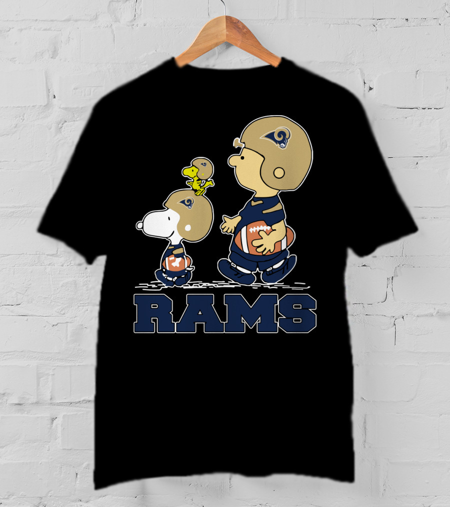 Snoopy And Woodstock With Los Angeles Rams Helmets And Football T-Shirt