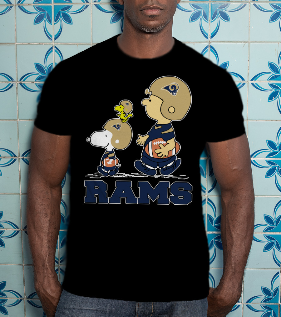 Snoopy And Woodstock With Los Angeles Rams Helmets And Football T-Shirt