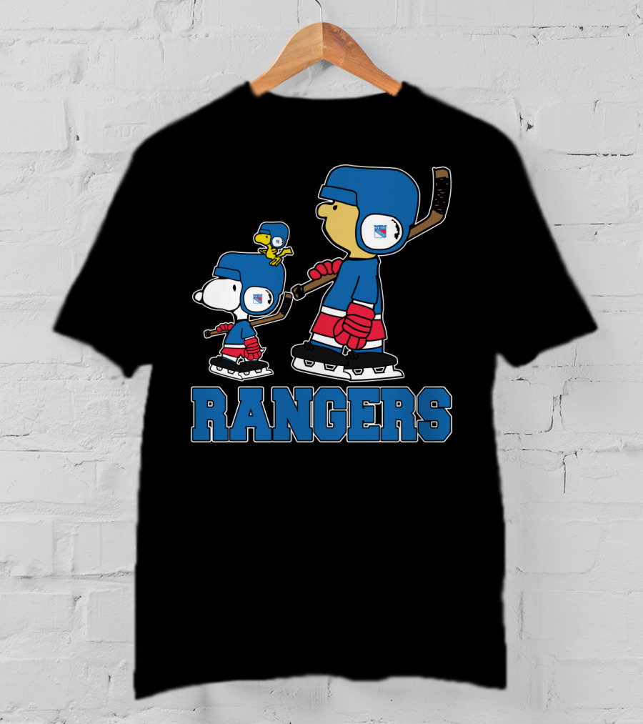 Snoopy And New York Rangers Fans Rangers Ice Hockey Skating With Woodstock And Friend T-Shirt