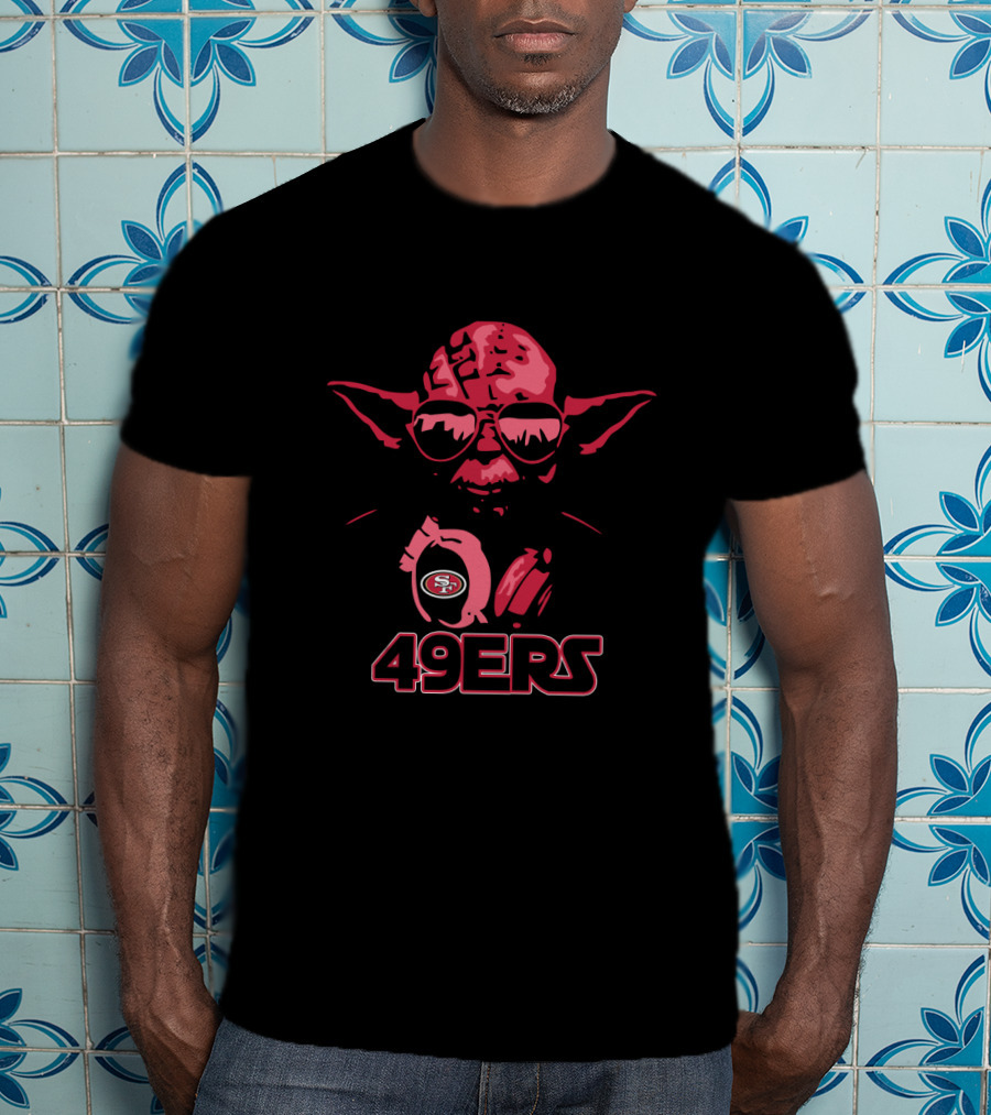 Yoda Wearing Headphones With San Francisco 49ers Logo And Sunglasses T-Shirt