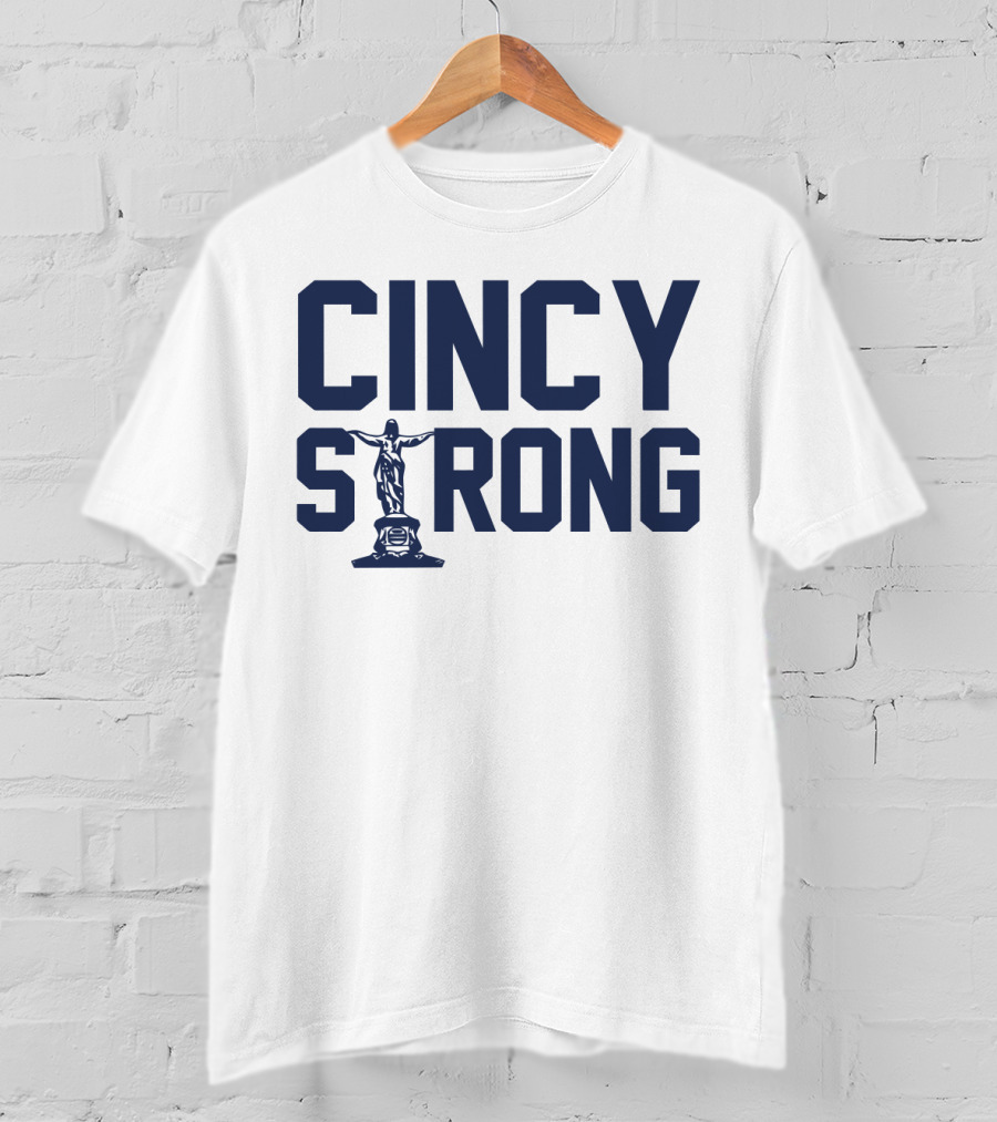 Cincy Strong Text With Statue Symbol In Bold Blue Letters T-Shirt