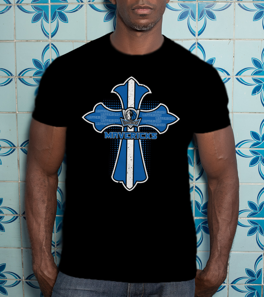 Dallas Mavericks Cross Design With Team Logo And Name In Blue And White T-Shirt