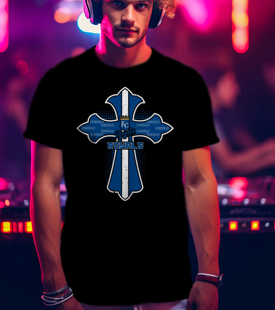 Kansas City Royals Cross With Royals Text And Kc T-Shirt