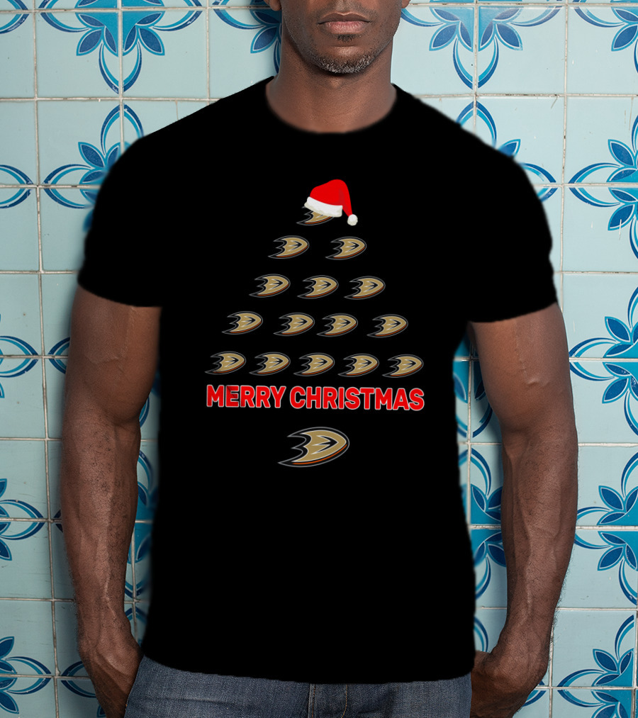 Merry Christmas Anaheim Ducks Tree With Santa Hat T-Shirt