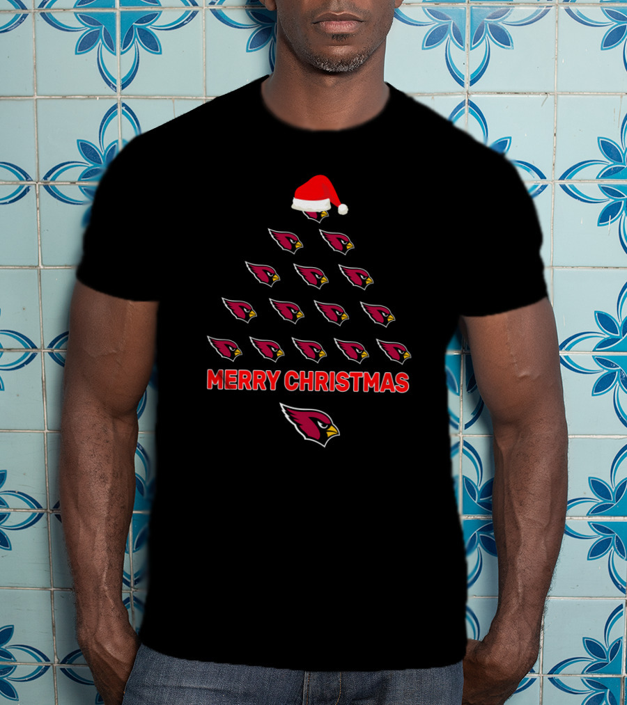 Merry Christmas Arizona Cardinals Tree With Santa Hat T-Shirt