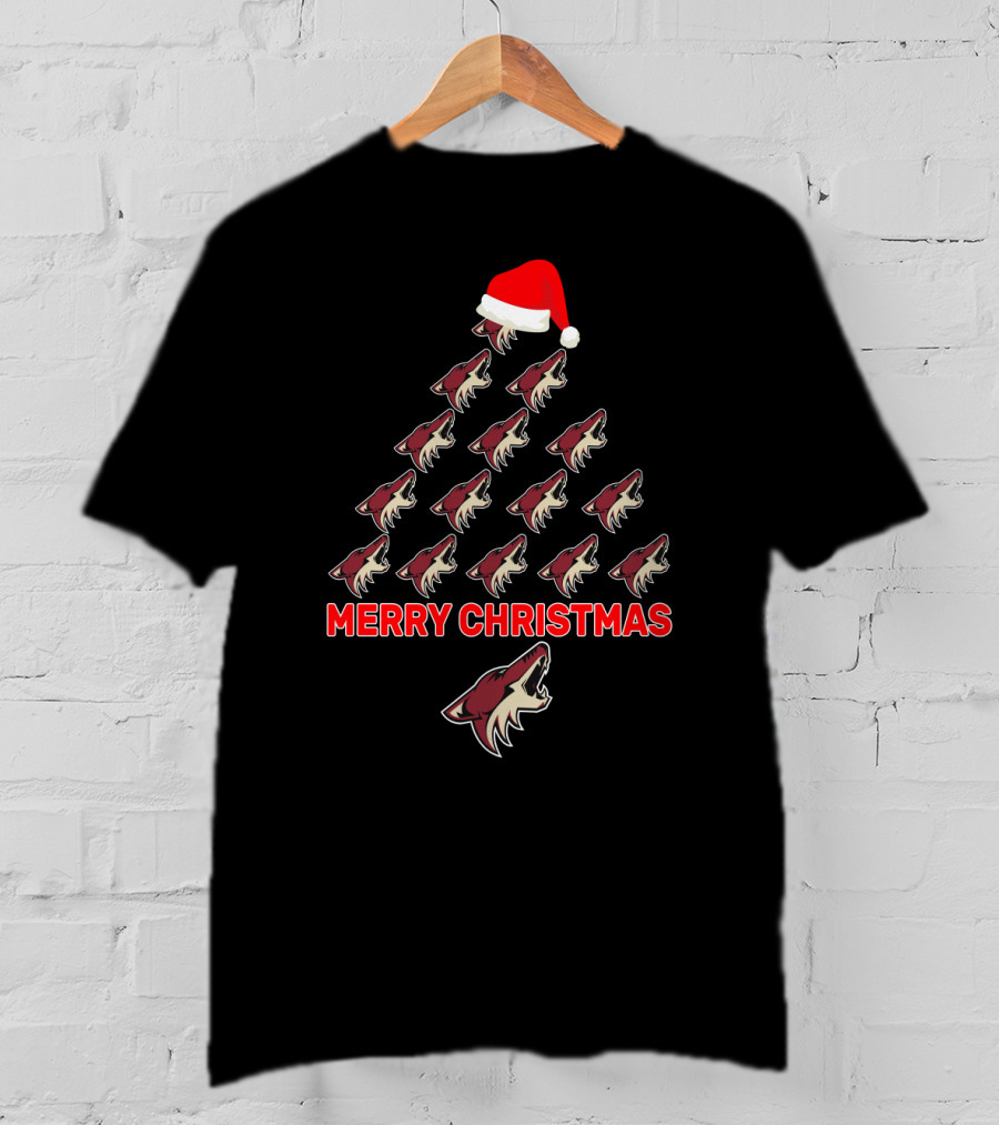 Merry Christmas Arizona Coyotes Logo Tree With Santa Hat T-Shirt