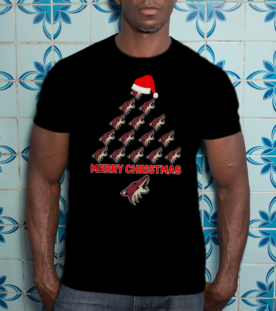 Merry Christmas Arizona Coyotes Logo Tree With Santa Hat T-Shirt
