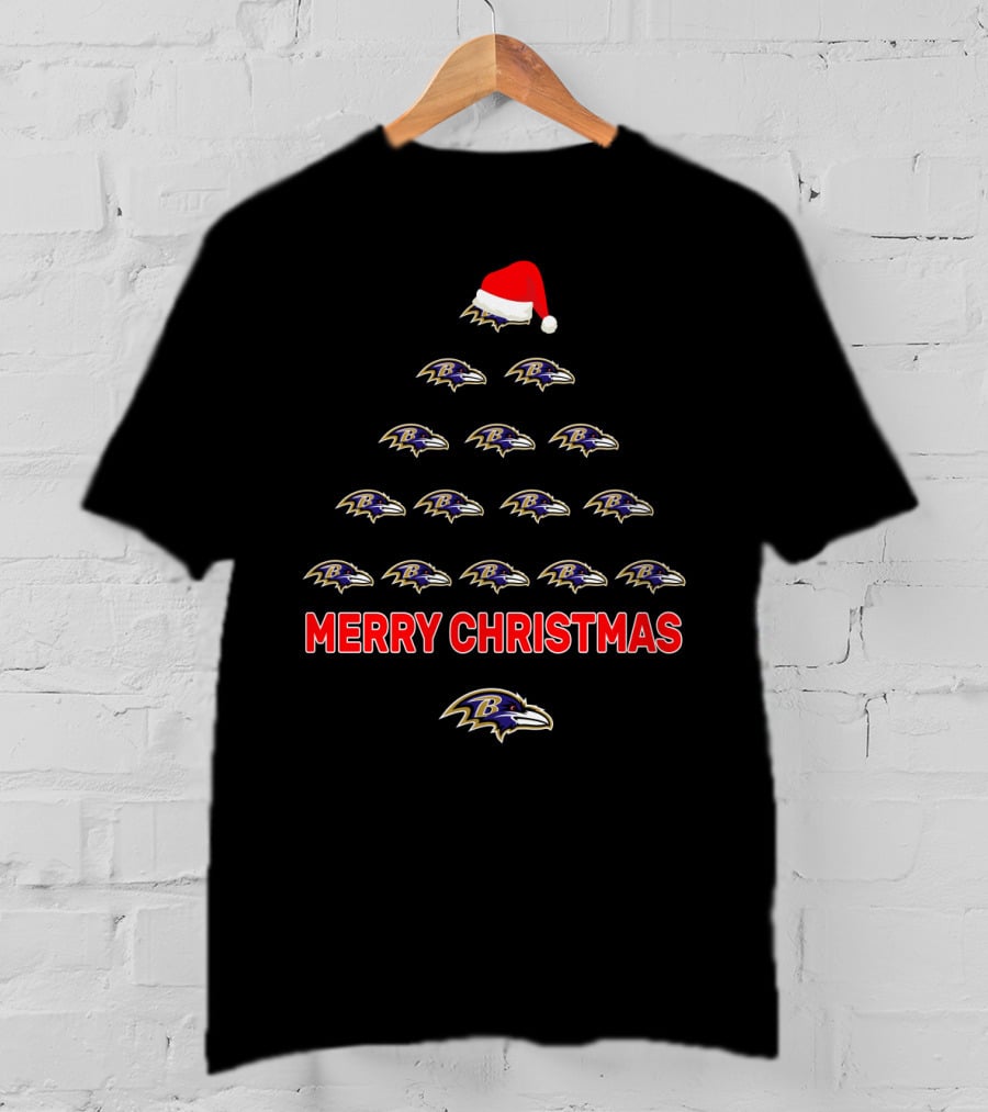 Merry Christmas Baltimore Ravens Santa Hat Tree T-Shirt
