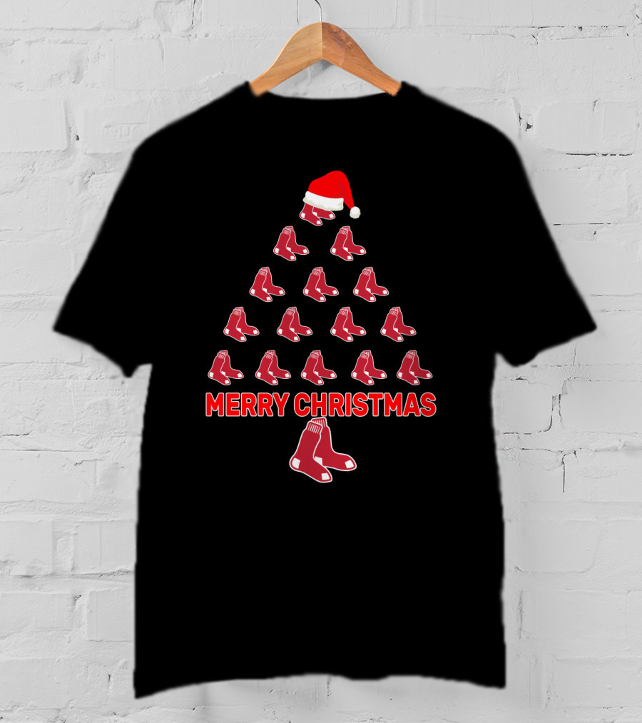 Merry Christmas Red Sox Fans Christmas Tree With Santa Hat T-Shirt